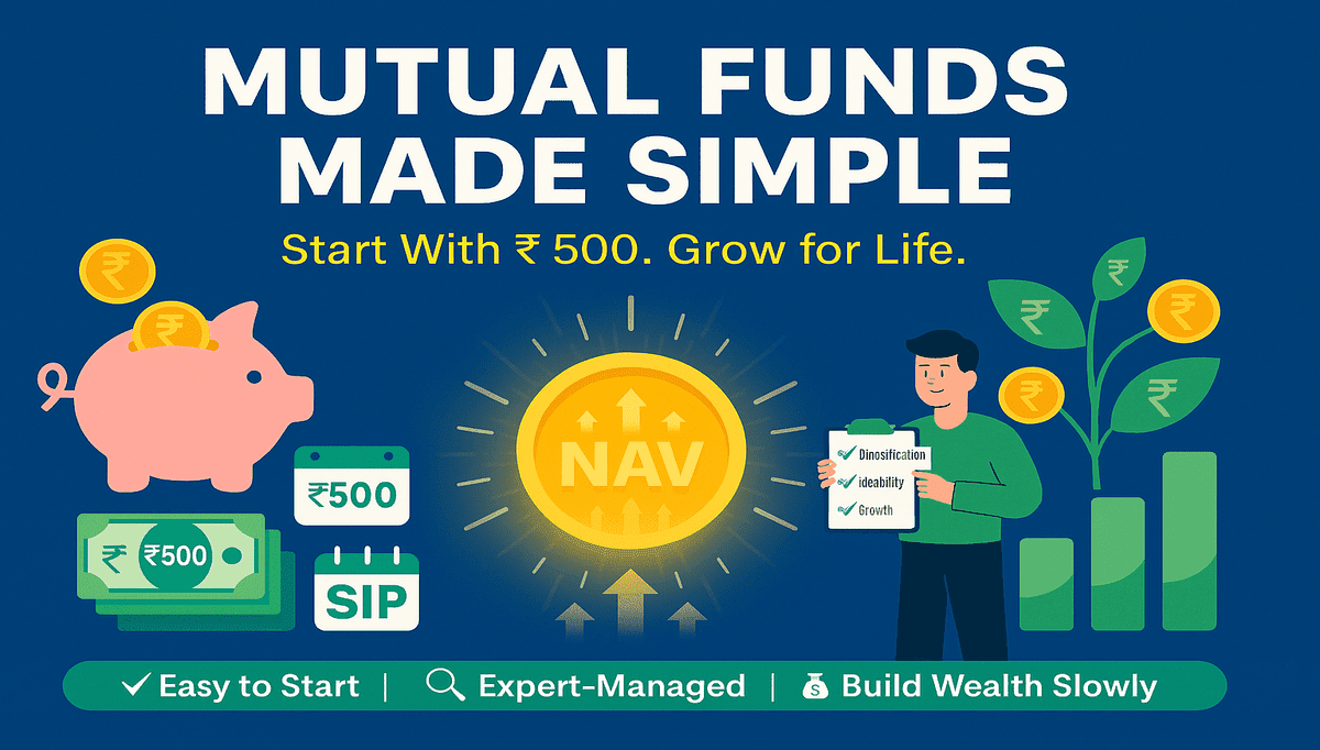 mutual fund investing: piggy bank, SIP icons, growing money tree, and glowing NAV coin