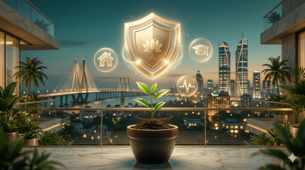 Insurance in financial planning represented by a golden shield protecting wealth assets