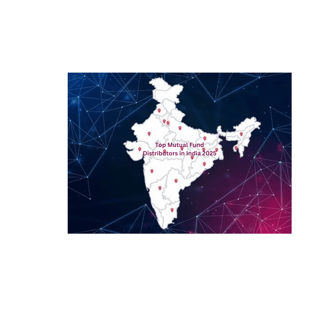 Top Mutual Fund Distributors in India 2025 in the center, over a digital network background.