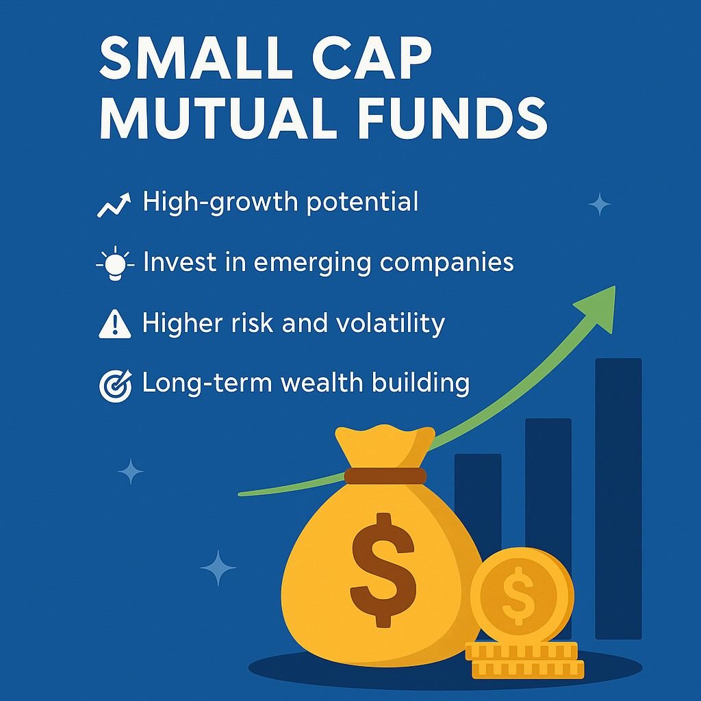Small cap mutual funds infographic with growth icons.