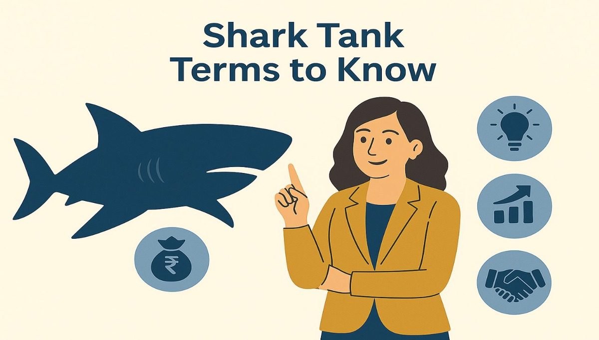 Woman pointing at shark with icons and startup terms