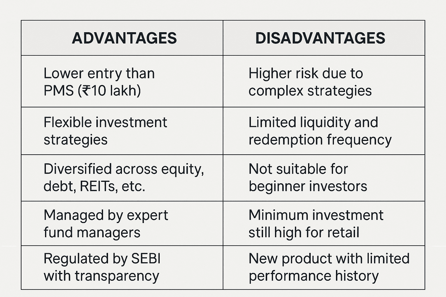 Table showing advantages and disadvantages of Specialized Investment Funds