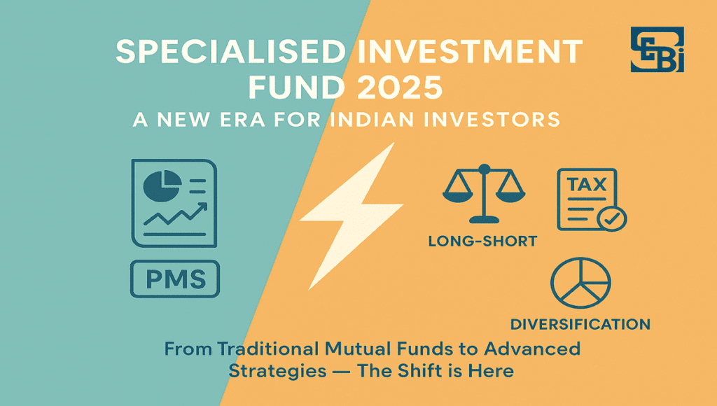Specialised Investment Fund 2025 graphic with split pastel background showing shift from traditional mutual funds to advanced strategies.