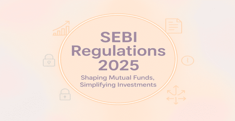 Circular infographic with lock icon in center and glowing pastel icons around it, representing SEBI regulations for mutual funds in 2025.