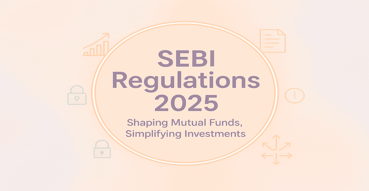 Circular infographic with lock icon in center and glowing pastel icons around it, representing SEBI regulations for mutual funds in 2025.