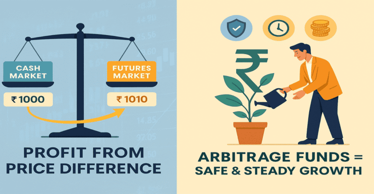 Arbitrage fund concept with balance scale showing low risk and steady returns.