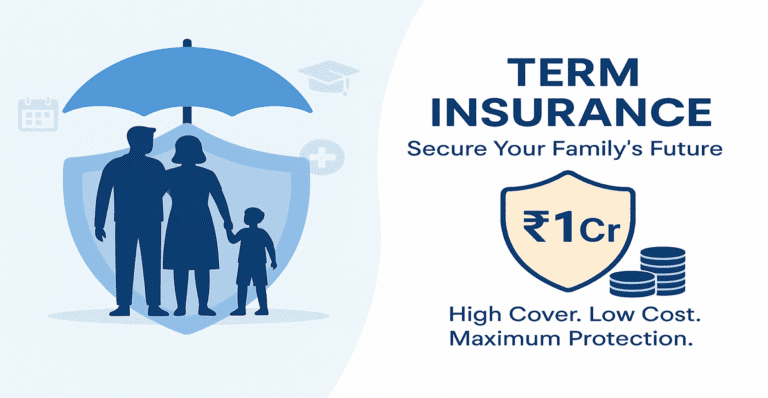 Term insurance ad showing family under umbrella with ₹1 Cr cover, highlighting secure future and low-cost protection.