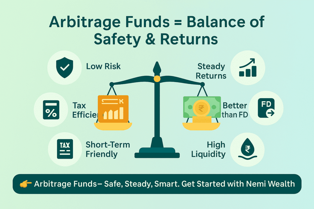 Arbitrage mutual funds infographic showing balance scale, coins, and text on low risk, steady returns, and short-term investment option.