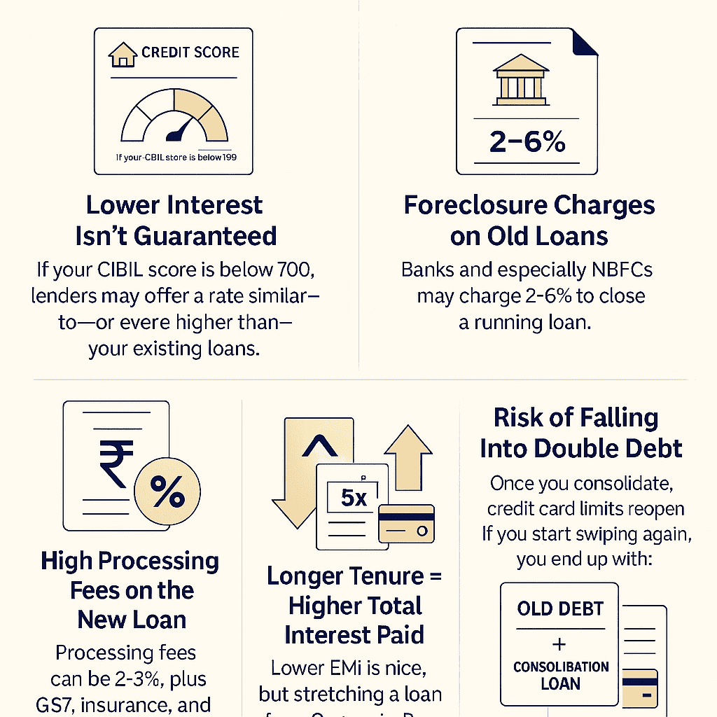 Infographic illustrating the risks and downsides of debt consolidation, including foreclosure charges, processing fees, tenure extension, and double-debt risk.