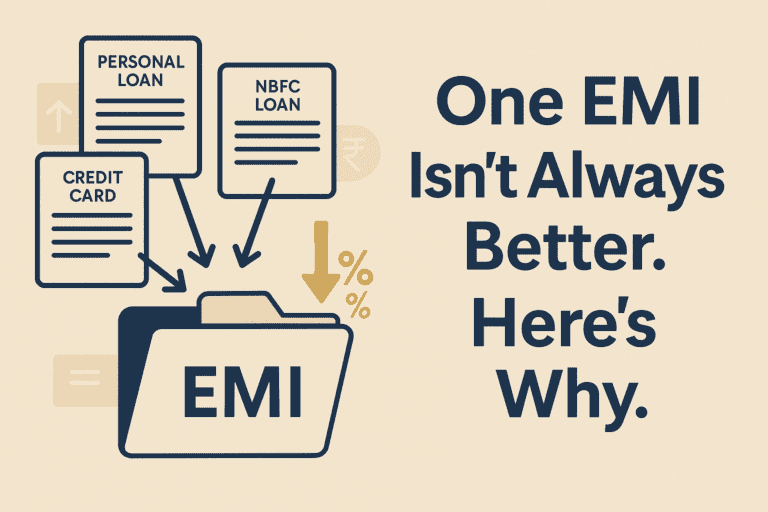 Infographic illustrating the risks and downsides of debt consolidation, including foreclosure charges, processing fees, tenure extension, and double-debt risk.