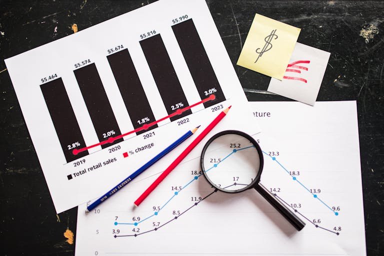 Multi Cap vs Multi Asset, Charts and graphs highlighting retail sales growth, utilizing a magnifying glass for detail.