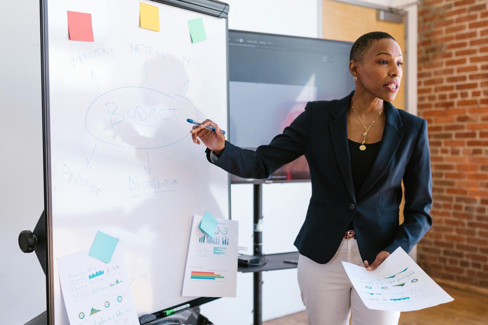 Shark tank terms, Professional businesswoman explaining budget strategy on a whiteboard during a meeting.