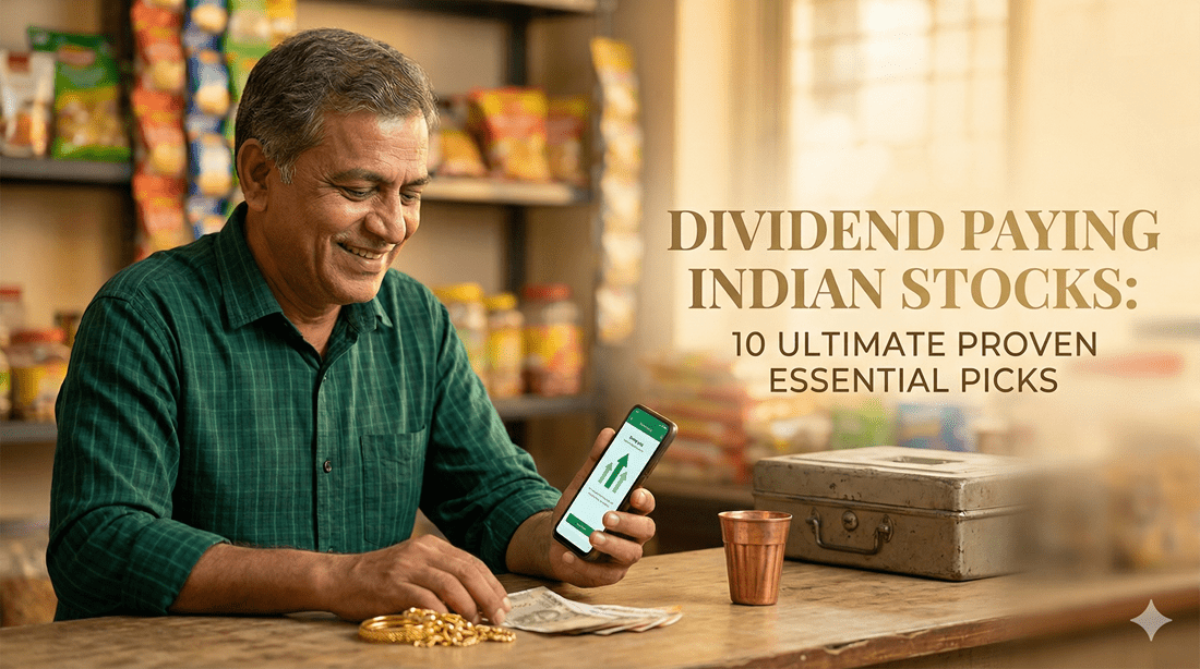 A joyful senior Indian shopkeeper, wearing a green plaid shirt, sits at a wooden counter in his general store. He smiles as he looks at a upward-trending stock graph on his smartphone. The counter holds Indian currency, gold bangles, and a traditional copper glass. Blurred grocery shelves are in the background, with the warm text overlay reading: "DIVIDEND PAYING INDIAN STOCKS: 10 ULTIMATE PROVEN ESSENTIAL PICKS."