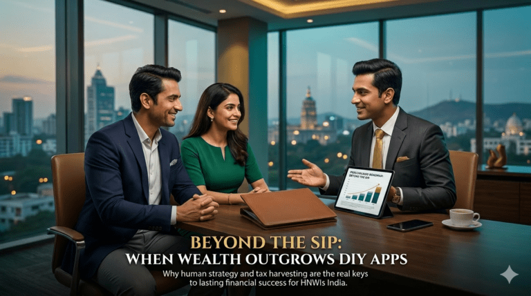 A professional wealth management consultation scene in a luxury office overlooking an Indian city skyline, featuring a bold title "Beyond the SIP: When Wealth Outgrows DIY Apps" with a subheading about human strategy and tax harvesting for HNWIs in India.