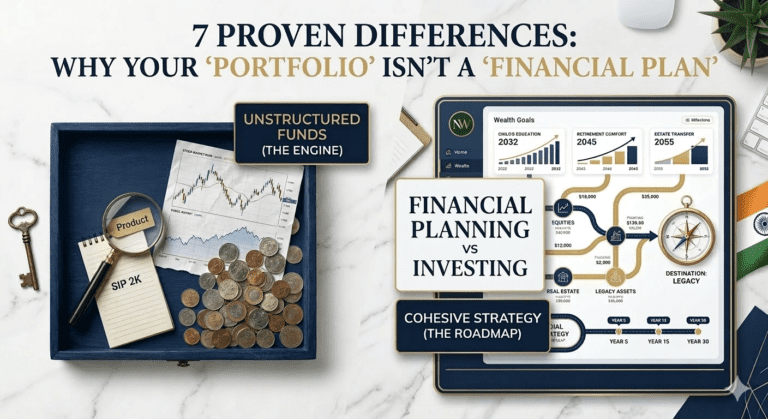Featured image comparing Financial Planning vs Investing, showing an unstructured portfolio of scattered coins next to a structured Nemi Wealth goals-based roadmap.