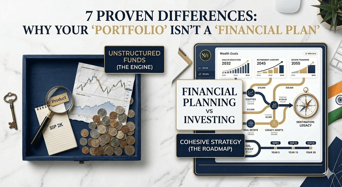 Featured image comparing Financial Planning vs Investing, showing an unstructured portfolio of scattered coins next to a structured Nemi Wealth goals-based roadmap.