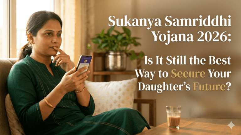A candid, high-resolution lifestyle photograph of a millennial Indian mother in a deep emerald green kurta, thoughtfully checking a financial app on her smartphone in a sunlit living room. The image features a shallow depth of field with warm champagne gold lighting, focusing on the mother’s contemplative expression while leaving a clean, out-of-focus background for text. The headline reads "Sukanya Samriddhi Yojana 2026: Is It Still the Best Way to Secure Your Daughter's Future?" with a gold-accented font.