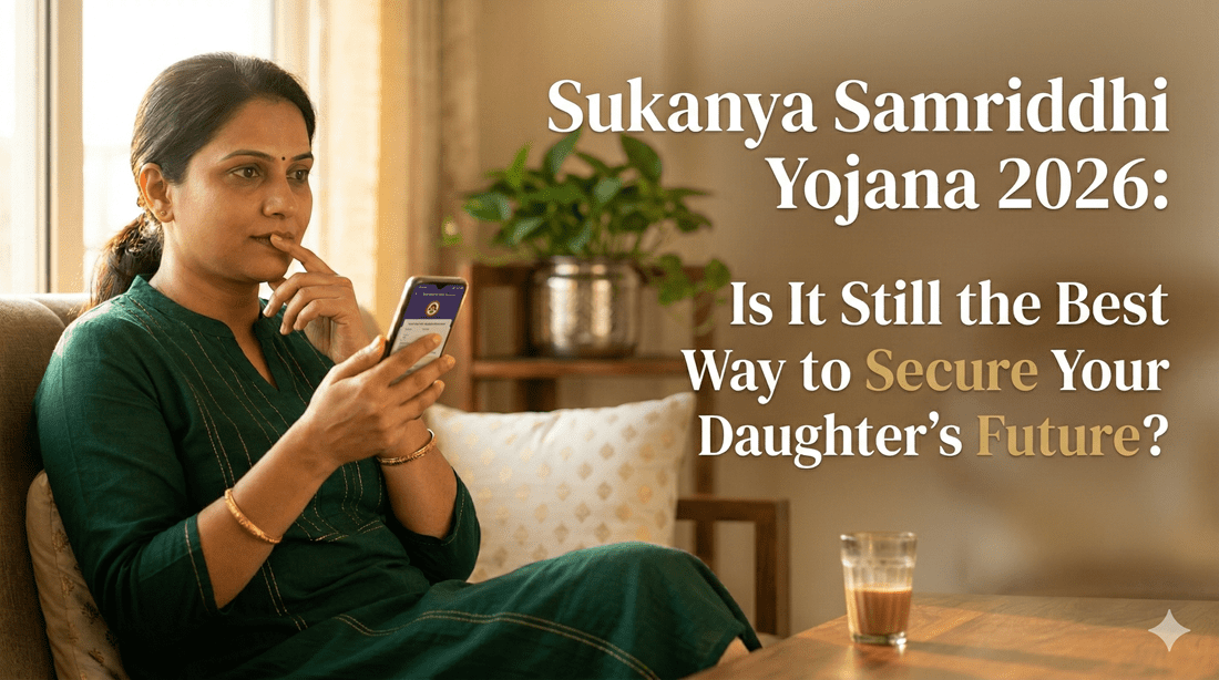 A candid, high-resolution lifestyle photograph of a millennial Indian mother in a deep emerald green kurta, thoughtfully checking a financial app on her smartphone in a sunlit living room. The image features a shallow depth of field with warm champagne gold lighting, focusing on the mother’s contemplative expression while leaving a clean, out-of-focus background for text. The headline reads "Sukanya Samriddhi Yojana 2026: Is It Still the Best Way to Secure Your Daughter's Future?" with a gold-accented font.