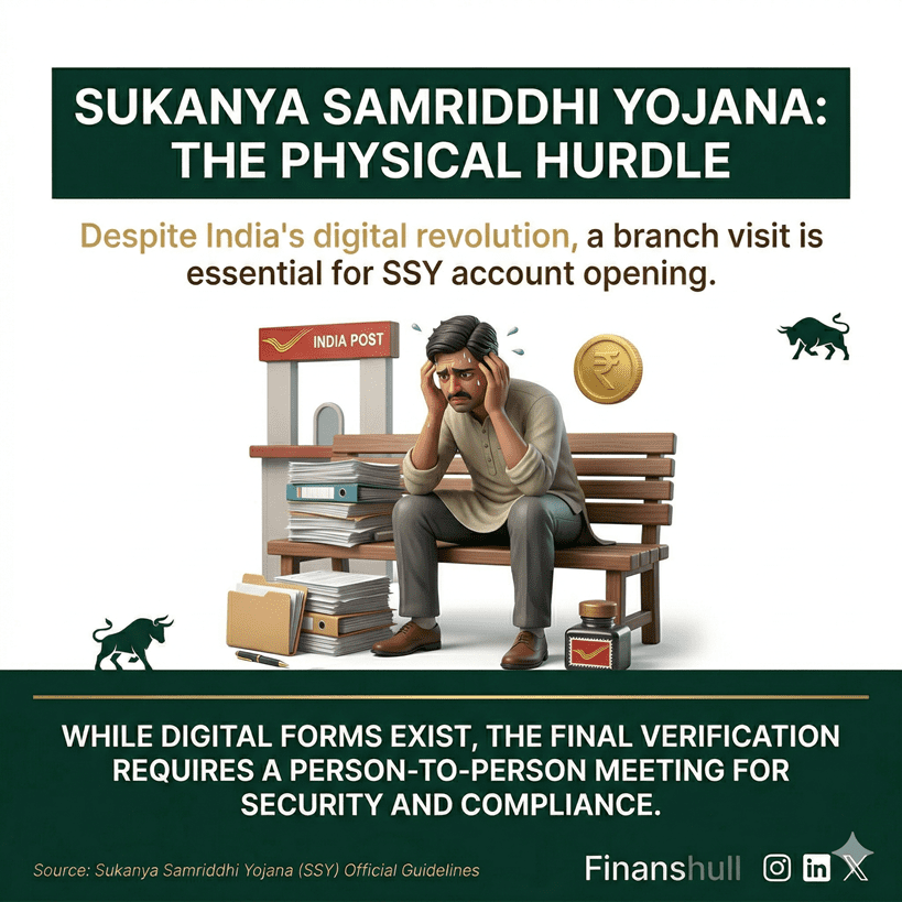 An infographic about the physical hurdle of opening a Sukanya Samriddhi Yojana (SSY) account. The infographic features a man sitting on a bench with multiple stacks of paper in front of him, and he has his hands on his head with sweat coming from his head. He is in an India Post office and an India Post logo can be seen. There are also a few gold coins and a few bullish bulls. The text at the bottom states that while digital forms exist, the final verification requires a person-to-person meeting for security and compliance.