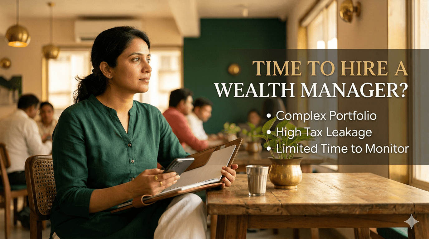 A Indian professional woman, dressed in a traditional green kurta, is sitting in a well-lit modern co-working cafe, contemplating financial decisions. She holds a smartphone and an open notebook, with a money plant symbolising financial growth and a steel chai glass on her table. The cafe environment features wooden furniture, other blurry patrons, and a distinct emerald green accent wall, with a warm champagne gold light filtering in from the windows. On the right side of the image, there is a text overlay which reads, 'TIME TO HIRE A WEALTH MANAGER? Complex Portfolio, High Tax Leakage, Limited Time to Monitor.' This candid, lifestyle photograph, shot with a shallow depth of field, evokes a sense of thoughtful consideration and professional stability.