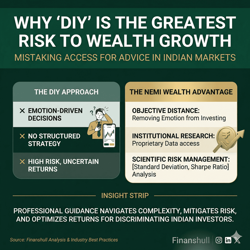An infographic for Finanshull titled "WHY 'DIY' IS THE GREATEST RISK TO WEALTH GROWTH" comparing "The DIY Approach" and "The Nemi Wealth Advantage". The "DIY Approach" column (dark background) lists drawbacks: Emotion-Driven Decisions, No Structured Strategy, and High Risk, Uncertain Returns, illustrated by a confused investor looking at a fluctuating chart on his phone with question marks overhead. "The Nemi Wealth Advantage" column (gold background) highlights benefits: Objective Distance, Institutional Research, and Scientific Risk Management. A gold Indian Rupee coin and an upward trend arrow are to the right. The Insight Strip states "PROFESSIONAL GUIDANCE NAVIGATES COMPLEXITY, MITIGATES RISK, AND OPTIMIZES RETURNS FOR DISCRIMINATING INDIAN INVESTORS." The footer includes Finanshull branding, social media icons, and the source.